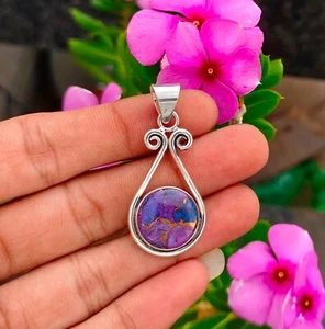 Lila Kupfer Türkis Anhänger 925 Sterling Silber Handarbeit Silberschmuck Gesc... - Bild 1 von 4
