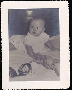 Cute Baby with Stuffed Toys Monkey Rabbit 4 1/4 x 5 1/2 b/w Photo Picture