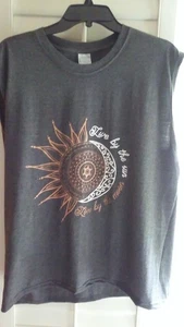 Neu ärmelloses Shirt meliert grau mit Sonne & Mond Aufkleber längere Länge Damen XL - Bild 1 von 4