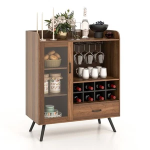 Wooden Storage Cabinet Industrial Buffet Sideboard with Wine Rack & Glass Holder - Picture 1 of 9