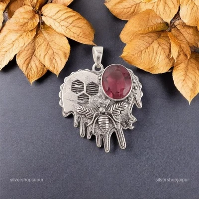 Colgante minimalista de plata 925 con piedras preciosas de rodolita venta día de las hijas Foto 1 de 4