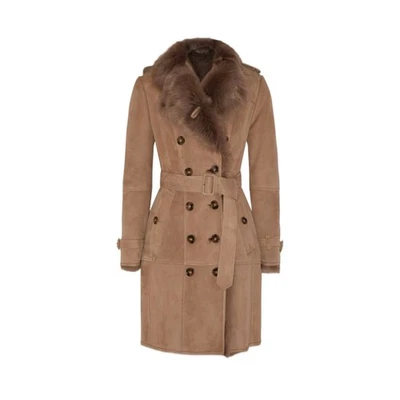 Women’s Shearling Suede Coat with Fur Collar | Double Breasted Winter Trench - Image 1 of 4