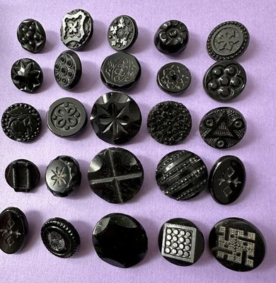 25 Vintage Black Glass Buttons - Mostly Geometric Designs - Image 1 of 4