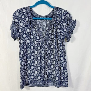 Max Studio Bauerntop Damen Gr. S marine/weiß Blumen Puffärmel Schlitz am Ausschnitt zum Binden - Bild 1 von 8