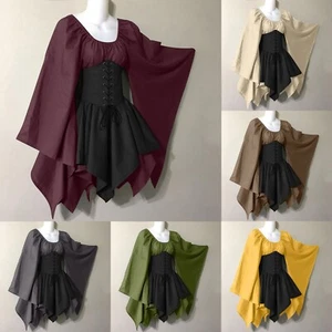 Medieval Costume Dress For Womens Trumpet Sleeve Irish Shirt Dress With Corset - Picture 1 of 37
