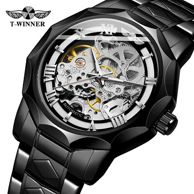 Skeleton Men's Automatic Mechanical Watch Stainless Steel Strap Luminous Hands - Image 1 of 4