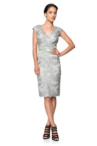 Tadashi Shoji Silver Sequin Embroidered Lace Banded Cocktail Sleeveless Dress 6 - Picture 1 of 17