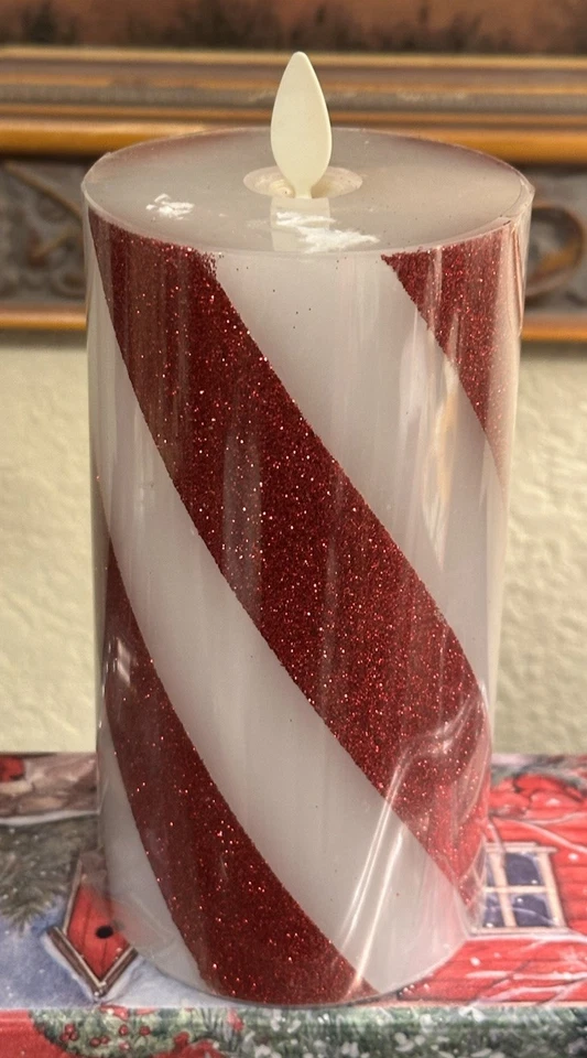 POTTERY BARN - Vela a rayas de caramelo sin llama parpadeante premium - 3 x 6 pulgadas - # F146 Foto 1 de 4