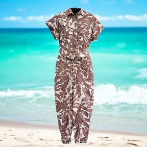 Vintage 80s Sunshine Cotton Tropical Print Short Sleeve Jumpsuit - Picture 1 of 9