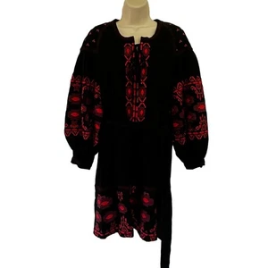 Central Park West Embroidered Dress Boho Puff Sleeves Peasant Black Red Size Sm - Picture 1 of 14