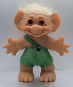 Thomas Dam Troll Doll 5" Green Shorts 1965 Blond Boy Vintage Made In Denmark - Picture 1 of 5