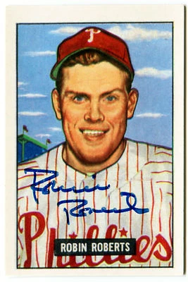 1951 Bowman Reprint #3 ROBIN ROBERTS Signed Auto Card Phillies 1986 CCC JSA - Image 1 of 2