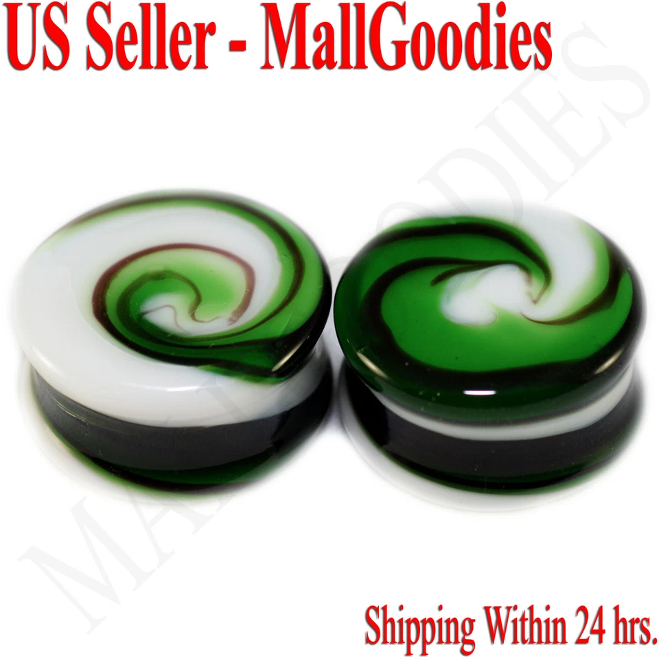 0185 Double Flare Green White Swirl Glass Saddle Ear Plugs 7/8" Inch 22mm Spiral - Imagem 1 de 1