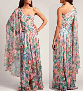 Tadashi Shoji One-Shoulder Cape-Sleeve Floral-Print High-Low Chiffon Gown 8 $708 - Picture 1 of 20