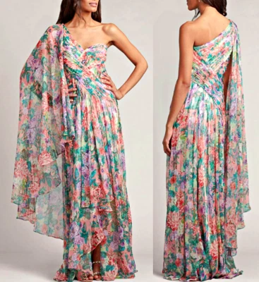 Vestido de chiffon Tadashi Shoji um ombro manga capuz estampa floral alto-baixo 8 $708 - Imagem 1 de 4