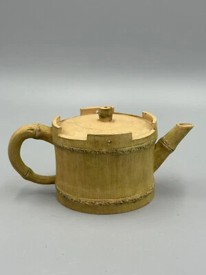 Vintage 20th c Chinese Yixing Bamboo Inspired Clay Handmade small Teapot 3 1/4'' - Image 1 of 4