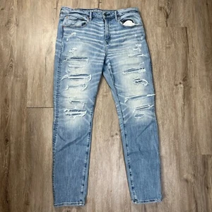American Eagle Men's Athletic Fit Jeans 34x32 Light Wash Distressed Tapered - Picture 1 of 9