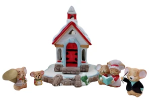 Christmas Mouse Carolers Set Porcelain Bisque Jasco Tealight Candle Holder - Picture 1 of 4