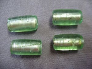 Cylinder Silver-Lined Green Glass Beads  11x20mm  4 Loose Beads
