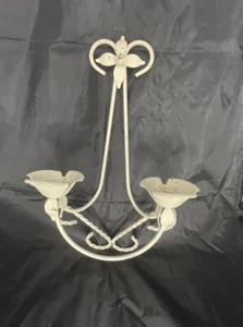 Metal Wall Sconce Candlestick Holder 2 Candles Painted Off-White Daisy Flower - Picture 1 of 12
