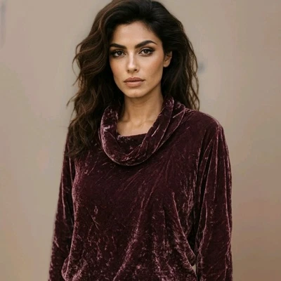 Blusa Eileen Fisher Terciopelo Aplastado Capucha Cuello Top Púrpura Ciruela Rayón Seda Talla L Foto 1 de 4