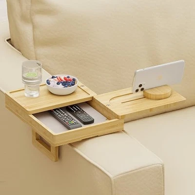  Bamboo Couch Arm Tray with 2 Rotatable Tray, Adjustable Sofa Arm Clip Natural - Image 1 of 4
