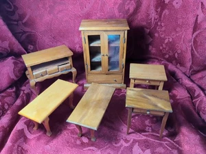 Vintage Wood Doll House Furniture Hutch Tables Coffee Table 6 Pc Good Condition - Picture 1 of 19
