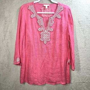 Charter Club 100% Linen Pink Embroidered Tunic Vacation Beach Coastal Size L - Picture 1 of 7