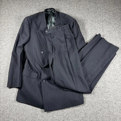 Vintage Pinstripe Double Breasted Wool Suit Mens 42L 33X31 Navy Blue - Image 1 of 4