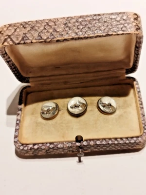 Antique Set 3 Essex Rock Crystal Horse Buttons Original Shagreen Box - Image 1 of 4