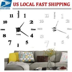 DIY Large Number Wall Clock 3D Mirror Sticker Modern Home Office Decor Non-toxic - Picture 1 of 12