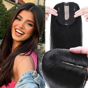 Women Topper Hairpiece Clip In Real 100% Human Hair Silk Base Toupee Wig & Bangs - Picture 1 of 75