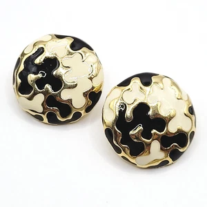 Black & Off White Enamel Abstract Design Large Round Gold Tone Pierced Earrings - Picture 1 of 22