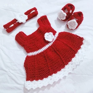 crochet baby dress set 0-3 month baby girl red color frock set. - Picture 1 of 1