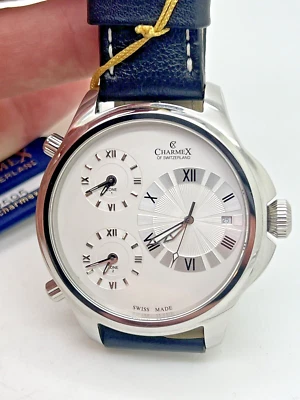 Charmex Cosmopolitan II relógio de aço inoxidável pulseira preta fuso horário triplo 2595 D9 - Imagem 1 de 4