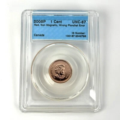 2005P Canada 1 Cent MINT ERROR, Wrong Planchet, Non Magnetic - CCCS GEM UNC67 - Image 1 of 4