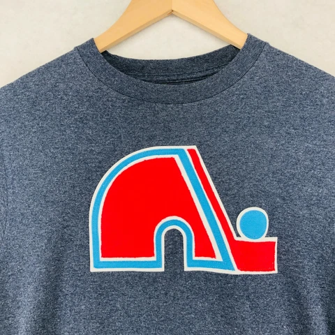 QUEBEC NORDIQUES NHL ICE HOCKEY T-Shirt Mens Size S Spell Out Graphic Logo Gray Cover