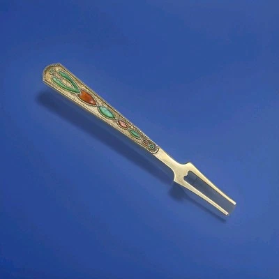 Russian Gilded 875 Silver & Enamel Appetizer Seafood Cocktail Fork - Image 1 of 4