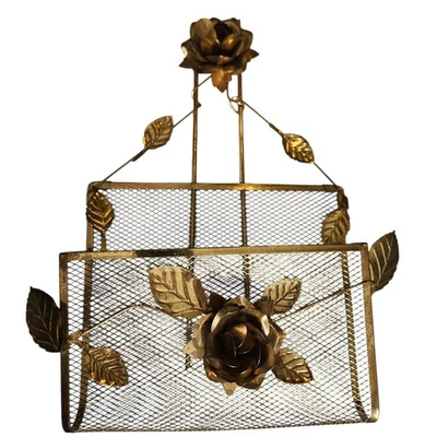 MCM Brass Letter Holder Floral Roses Mesh Wall Mounted Mid Century Cottagecore - Image 1 of 4