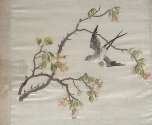 Seidenstickerei China - Vogel Blüten - antike Stickerei -ASIATIKA - Bild 1 von 13