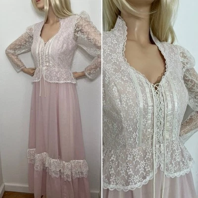 Vtg GUNNE SAX Dress Pale Pink Corset Style Lace Up 70s Maxi Sheer Prairie Size 9 - Image 1 of 4
