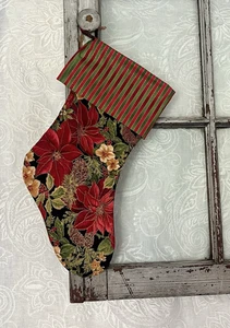 Handmade Christmas Stocking w Gold Embroidered Poinsettias & Red Gold Pinstripe - Picture 1 of 2