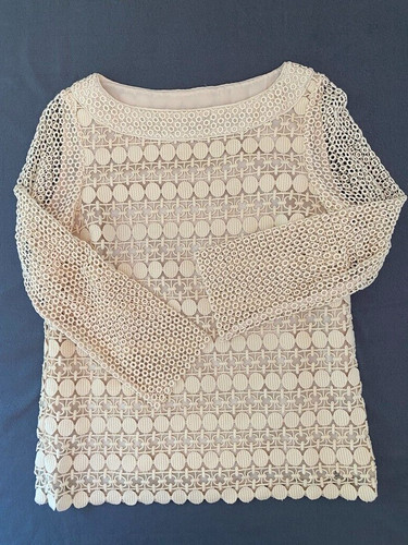 Top TORY BURCH donna crema in pizzo applique busto foderato con camicetta trasparente taglia 8