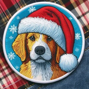 Christmas Puppy Patch Printed Embroidered Iron-on Applique Santa Hat Cute Animal - Picture 1 of 11
