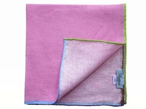 Battisti Cuadrado de Bolsillo Rosa con Borde Azul/Chartreuse, Lino Puro - Imagen 1 de 2