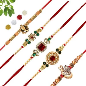 Combo Kundan Enchapado en Oro Rakhi para Hermano/Bhaiya bhabhi (Paquete de 5) | Pulsera - Imagen 1 de 7