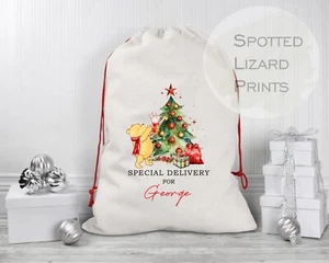 Personalised Winnie the Pooh Santa Sacks | Linen Kids Stockings, Girls/Boys Xmas - Picture 1 of 4