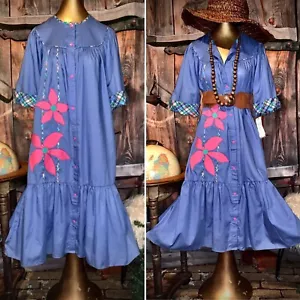 Vintage Bold Gown Plaid Swing Day Dress Boho Prairie Ruffle Sweep Caftan Robe M - Picture 1 of 12