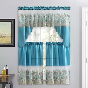 3 Piece Embroidered Window Curtain Set, Valance and Tiers, with Embroidery Kitch - Picture 1 of 12