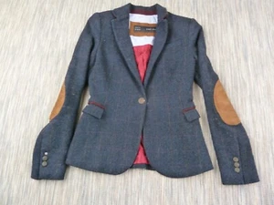 Zara Jacket Womens Extra Small Tweed Riding Stable Girl Arm Patches Lambs Wool - Picture 1 of 16